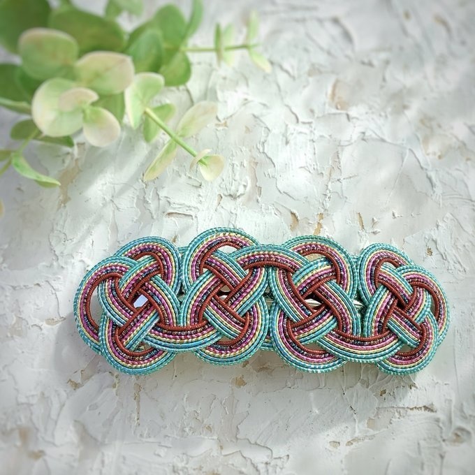 水引 バレッタ【客家花布】カラフル キラキラ ブルーグリーン