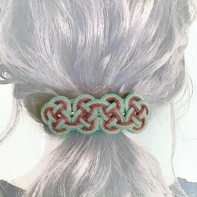 水引 バレッタ【客家花布】カラフル キラキラ ブルーグリーン