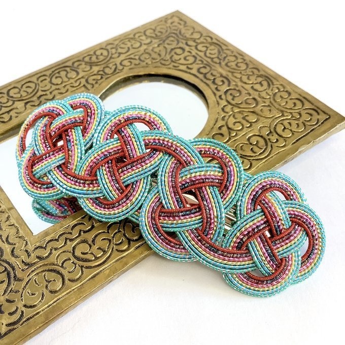 水引 バレッタ【客家花布】カラフル キラキラ ブルーグリーン