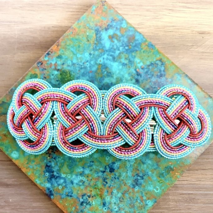 水引 バレッタ【客家花布】カラフル キラキラ ブルーグリーン