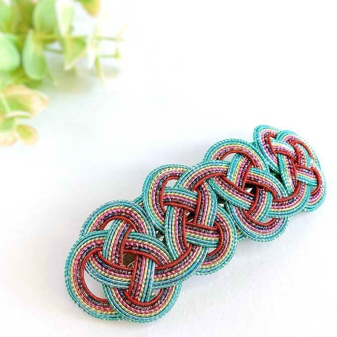 水引 バレッタ【客家花布】カラフル キラキラ ブルーグリーン