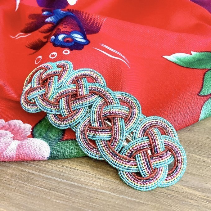 水引 バレッタ【客家花布】カラフル キラキラ ブルーグリーン