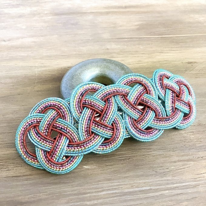 水引 バレッタ【客家花布】カラフル キラキラ ブルーグリーン