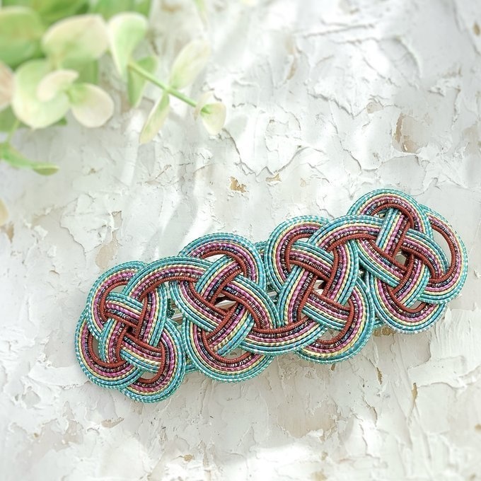 水引 バレッタ【客家花布】カラフル キラキラ ブルーグリーン
