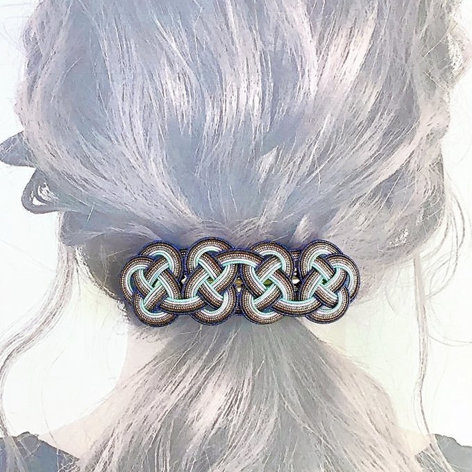 水引 バレッタ【客家花布】カラフル キラキラ ブルー