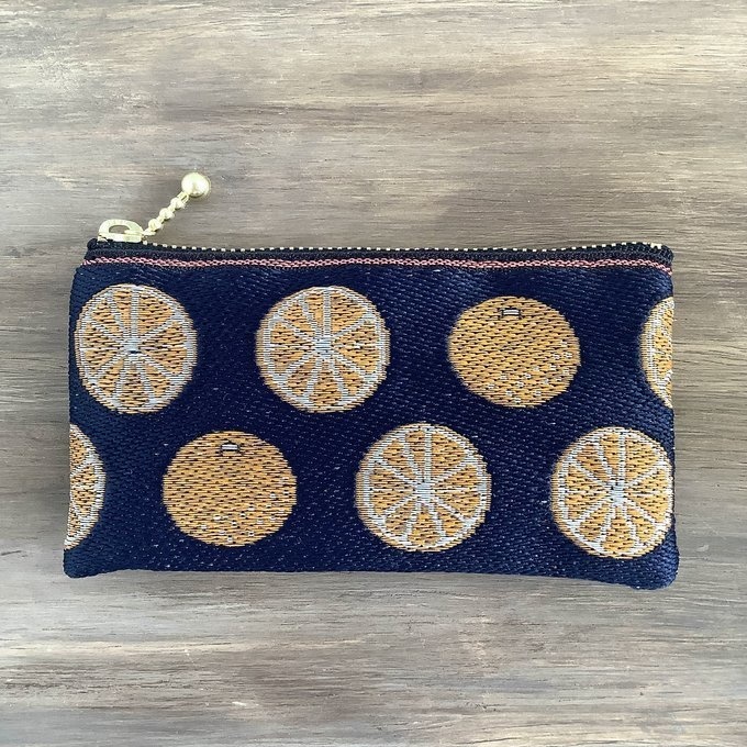 【みかん】畳縁 ぺたんこ ミニポーチ 小銭入れ カードケース 柑橘 オレンジ シトラス 紺 藍色