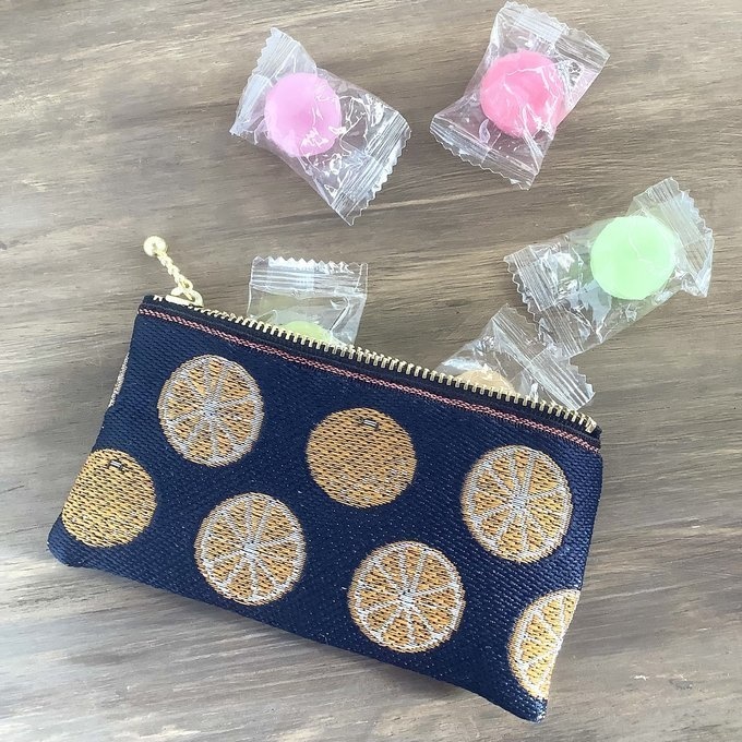 【みかん】畳縁 ぺたんこ ミニポーチ 小銭入れ カードケース 柑橘 オレンジ シトラス 紺 藍色