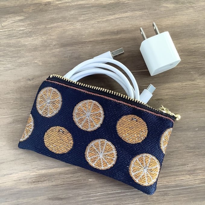 【みかん】畳縁 ぺたんこ ミニポーチ 小銭入れ カードケース 柑橘 オレンジ シトラス 紺 藍色