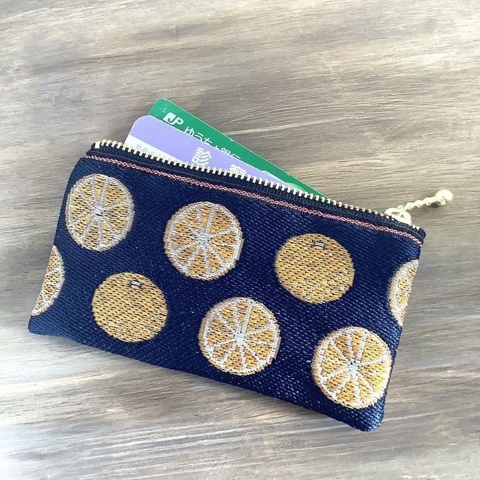 【みかん】畳縁 ぺたんこ ミニポーチ 小銭入れ カードケース 柑橘 オレンジ シトラス 紺 藍色