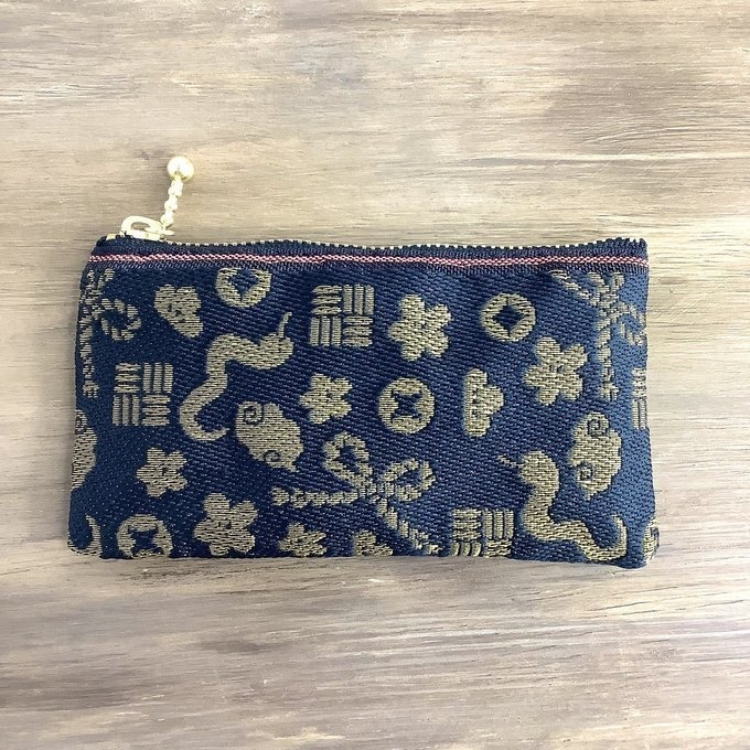 【おめでた柄】畳縁 ぺたんこ ミニポーチ カードケース 小銭入れ 黒 金 縁起物 へび 瑞雲