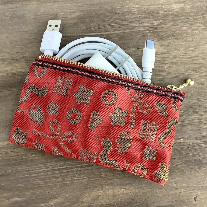 【おめでた柄】畳縁 ぺたんこ ミニポーチ カードケース 小銭入れ 赤 金 縁起物 へび 瑞雲