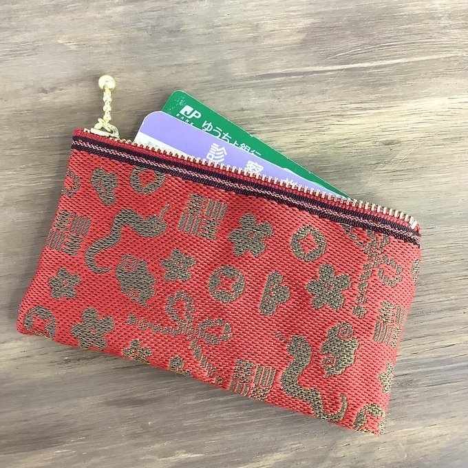 【おめでた柄】畳縁 ぺたんこ ミニポーチ カードケース 小銭入れ 赤 金 縁起物 へび 瑞雲