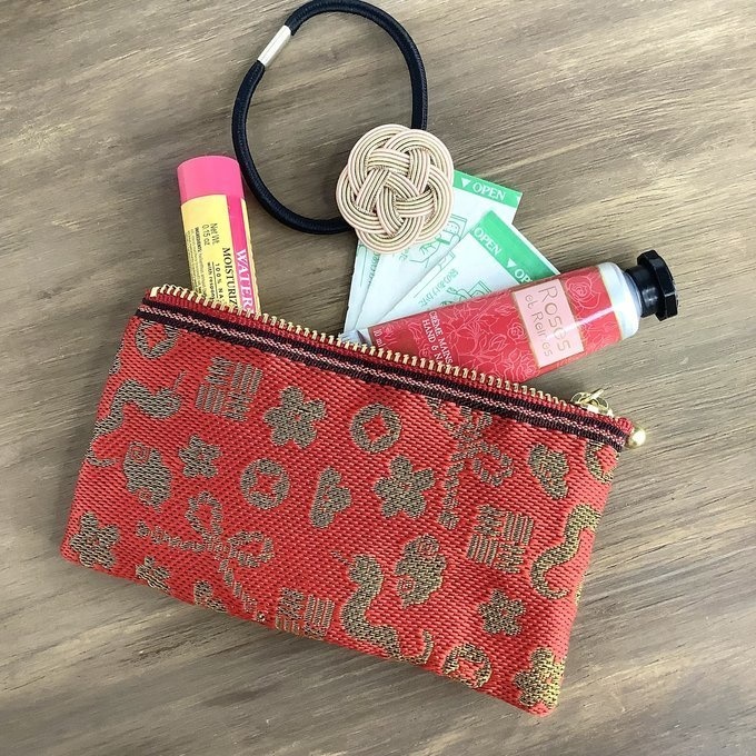 【おめでた柄】畳縁 ぺたんこ ミニポーチ カードケース 小銭入れ 赤 金 縁起物 へび 瑞雲