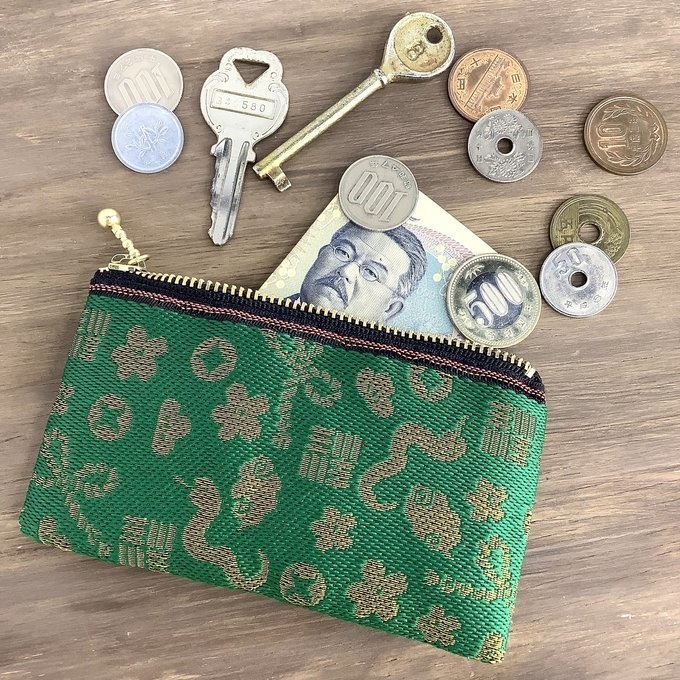 【おめでた柄】畳縁 テトラ型 ペンケース 緑 金 縁起物 へび 瑞雲