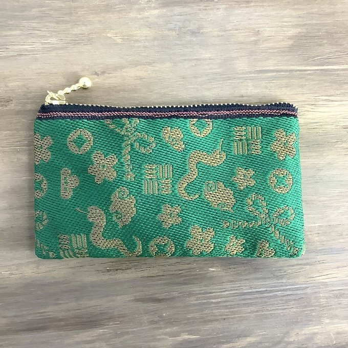 【おめでた柄】畳縁 ぺたんこ ミニポーチ カードケース 小銭入れ 緑 金 縁起物 へび 瑞雲