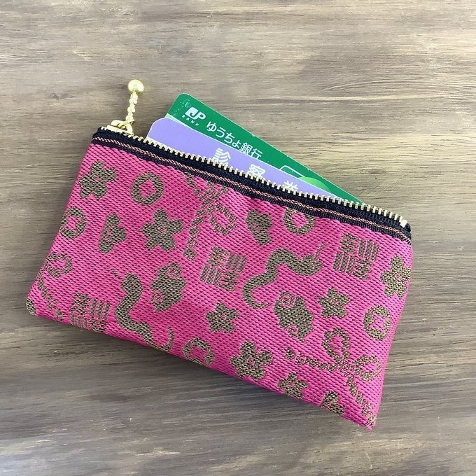 【おめでた柄】畳縁 ぺたんこ ミニポーチ カードケース 小銭入れ ピンク 金 縁起物 へび 瑞雲