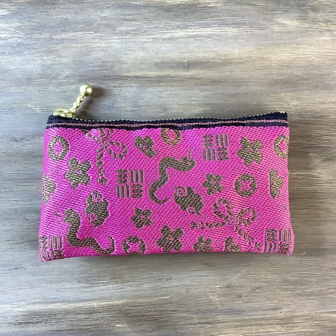 【おめでた柄】畳縁 ぺたんこ ミニポーチ カードケース 小銭入れ ピンク 金 縁起物 へび 瑞雲