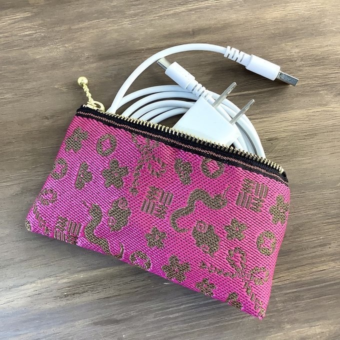 【おめでた柄】畳縁 ぺたんこ ミニポーチ カードケース 小銭入れ ピンク 金 縁起物 へび 瑞雲