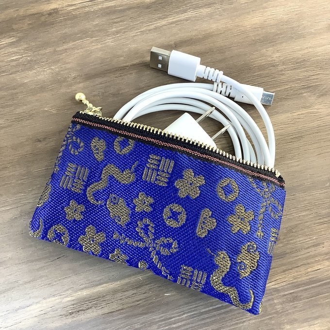 【おめでた柄】畳縁 ぺたんこ ミニポーチ カードケース 小銭入れ 紺 金 縁起物 へび 瑞雲