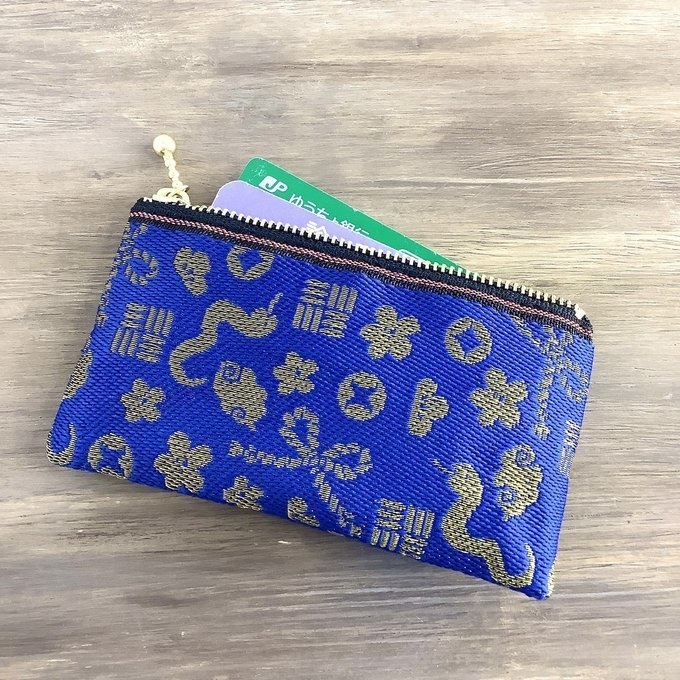【おめでた柄】畳縁 ぺたんこ ミニポーチ カードケース 小銭入れ 紺 金 縁起物 へび 瑞雲