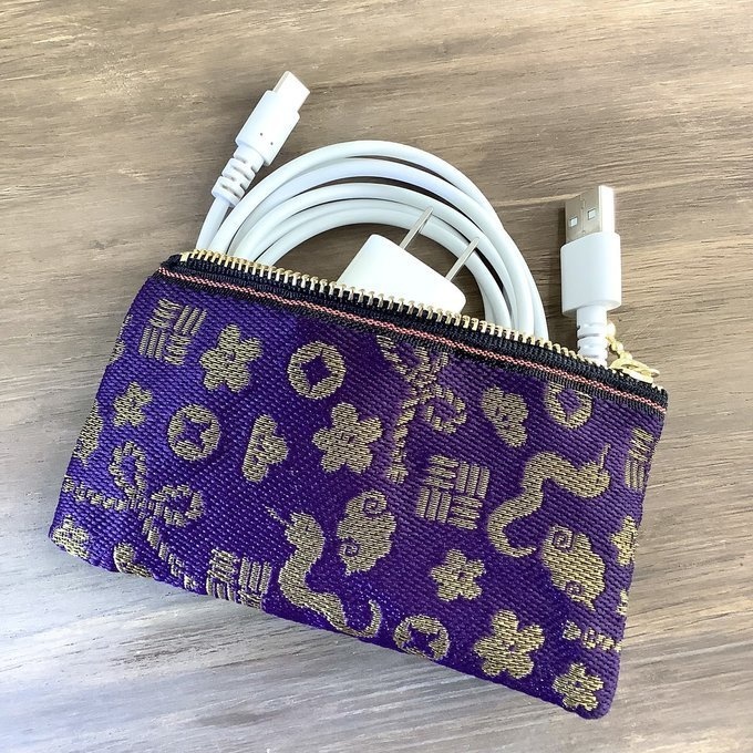 【おめでた柄】畳縁 テトラ型 ペンケース 紫 金 縁起物 へび 瑞雲