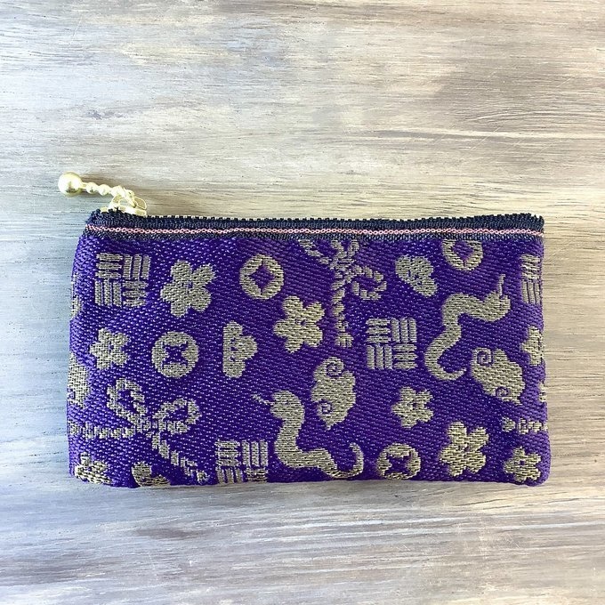 【おめでた柄】畳縁 ぺたんこ ミニポーチ カードケース 小銭入れ 紫 金 縁起物 へび 瑞雲