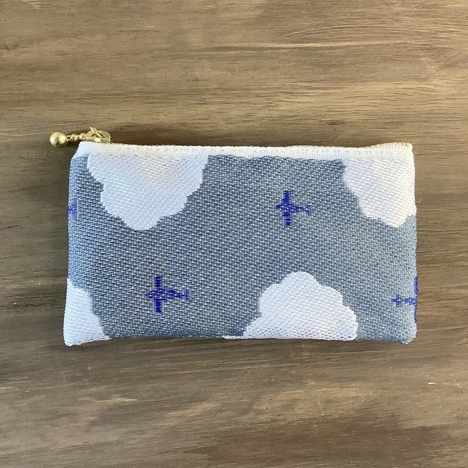 【飛行機と雲】畳縁 ぺたんこ ミニポーチ 小銭入れ カードケース 空 曇り空 グレー