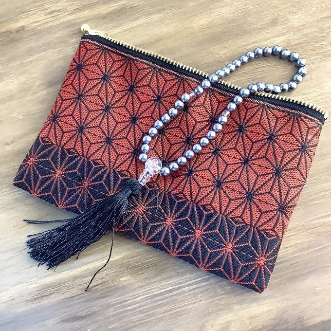 【麻の葉】畳縁 ぺたんこポーチ 赤 黒 縁起物