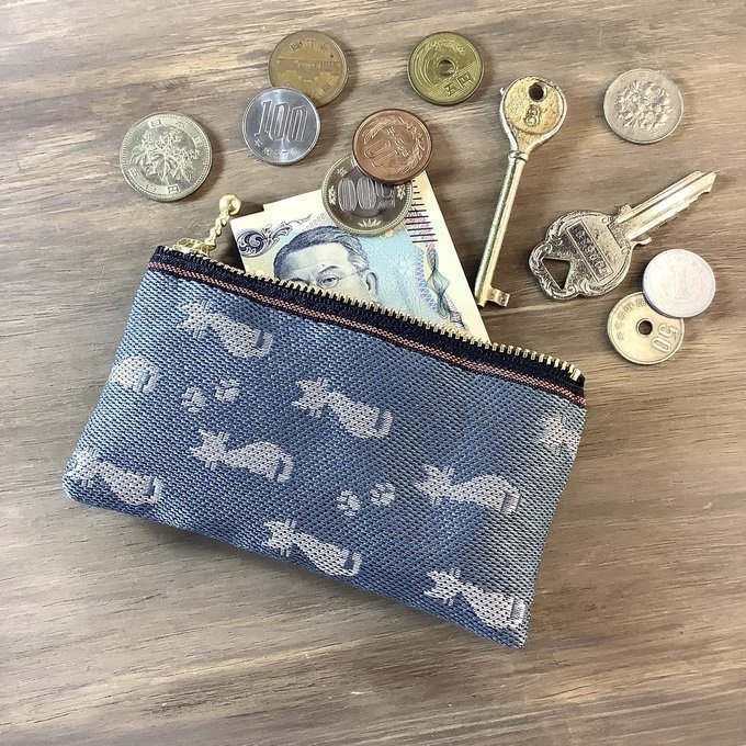 【白猫】畳縁 ぺたんこ 小銭入れ ミニポーチ カードケース シルエット 灰色 グレー