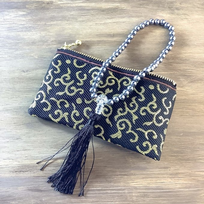 【唐草文様】畳縁 ぺたんこ 小銭入れ ミニポーチ カードケース 黒 金 からくさ