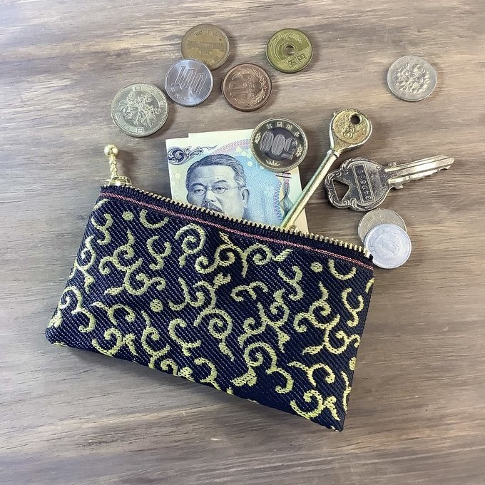【唐草文様】畳縁 ぺたんこ 小銭入れ ミニポーチ カードケース 黒 金 からくさ