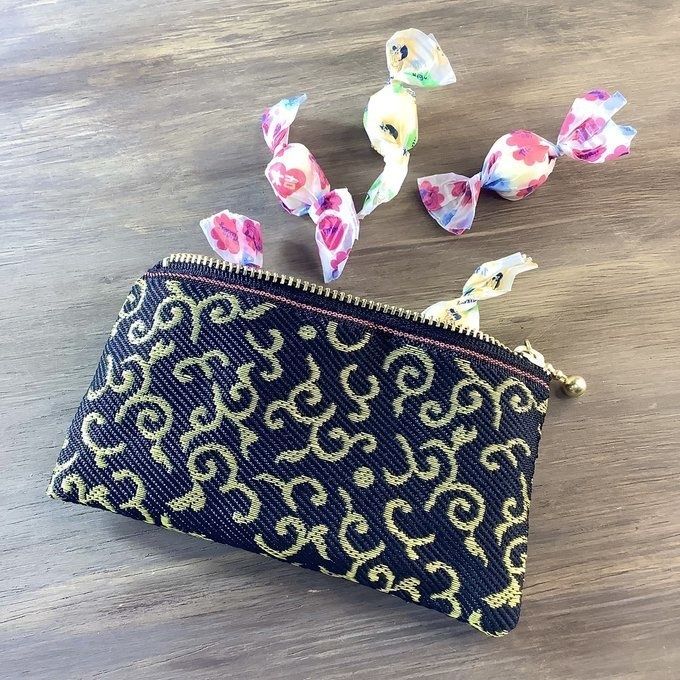 【唐草文様】畳縁 ぺたんこ 小銭入れ ミニポーチ カードケース 黒 金 からくさ