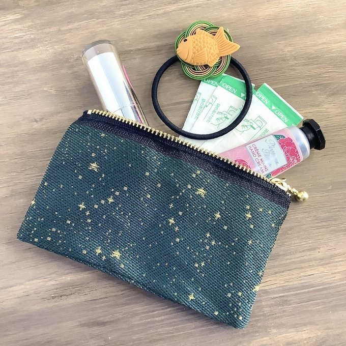 【海松藍の星空】畳縁 テトラ型 ペンケース 星 スター 宇宙 空 深緑 金