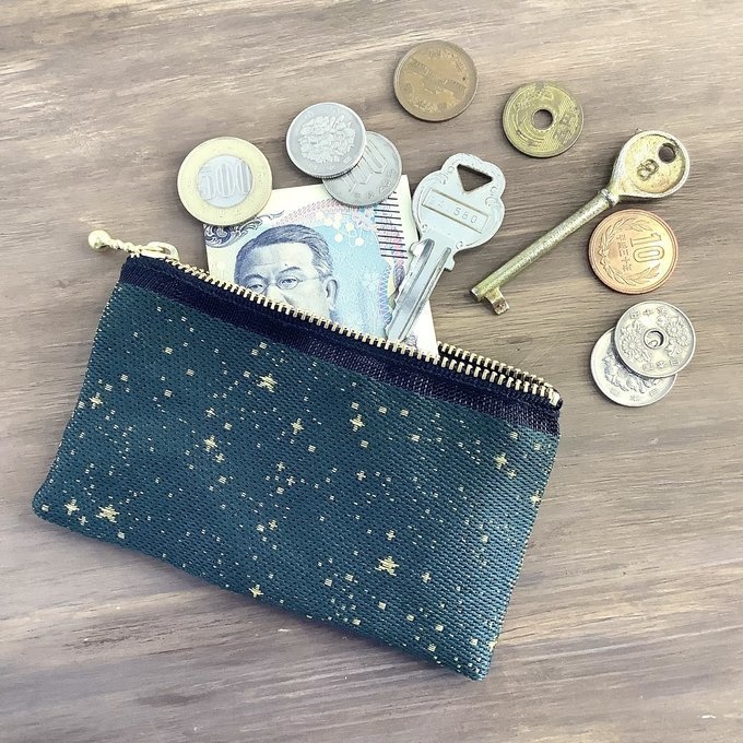 【海松藍の星空】畳縁 ぺたんこ ミニポーチ 小銭入れ カードケース 星 スター 宇宙 空 深緑 金