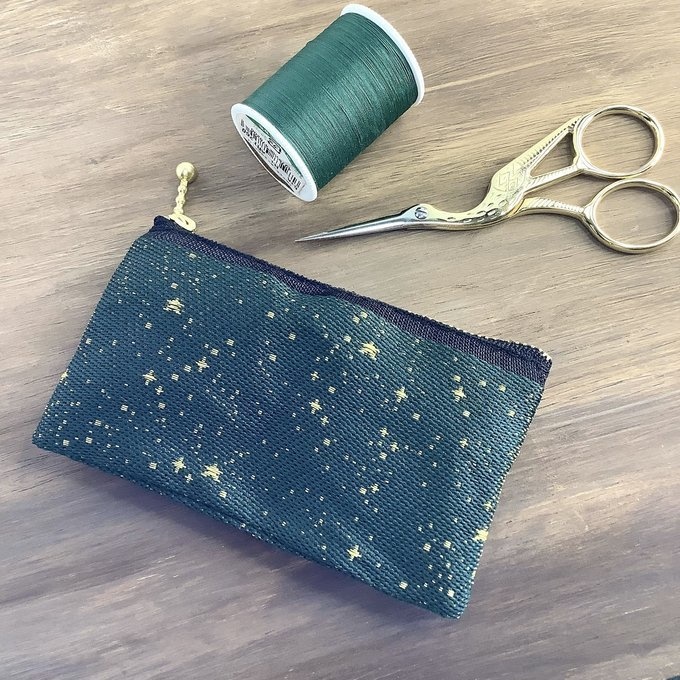 【海松藍の星空】畳縁 ぺたんこ ミニポーチ 小銭入れ カードケース 星 スター 宇宙 空 深緑 金