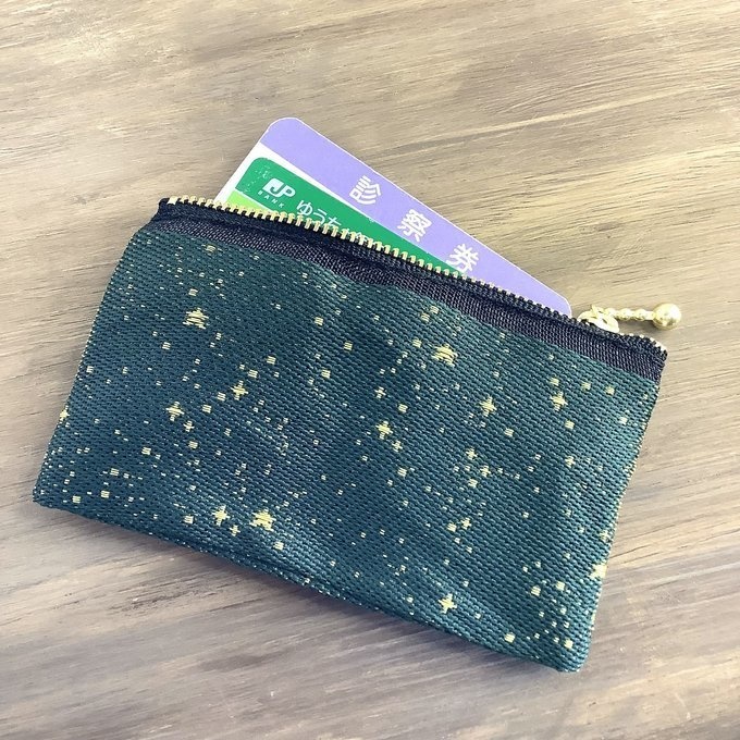 【海松藍の星空】畳縁 ぺたんこ ミニポーチ 小銭入れ カードケース 星 スター 宇宙 空 深緑 金
