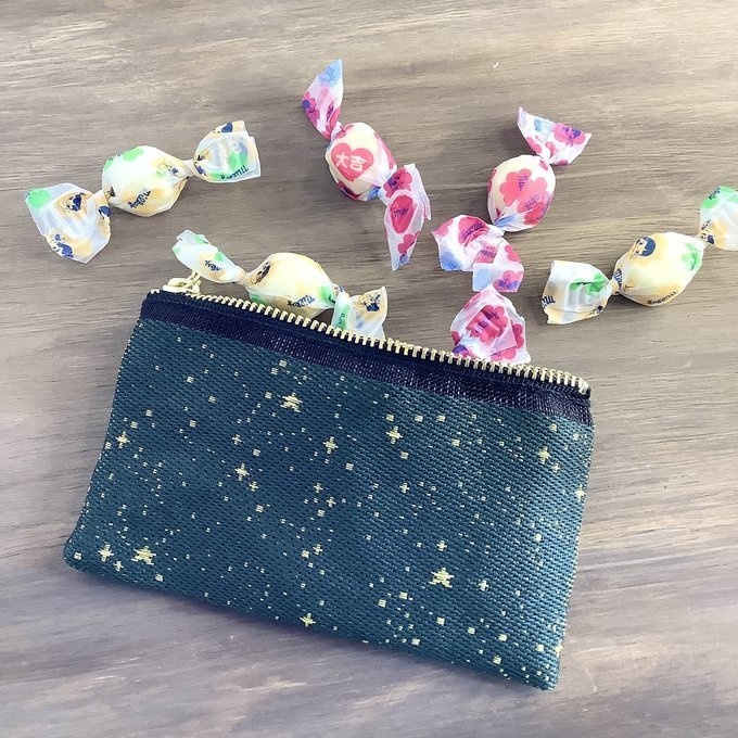 【海松藍の星空】畳縁 ぺたんこ ミニポーチ 小銭入れ カードケース 星 スター 宇宙 空 深緑 金