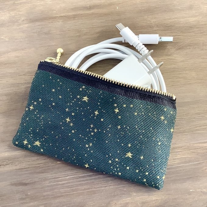 【海松藍の星空】畳縁 ぺたんこ ミニポーチ 小銭入れ カードケース 星 スター 宇宙 空 深緑 金