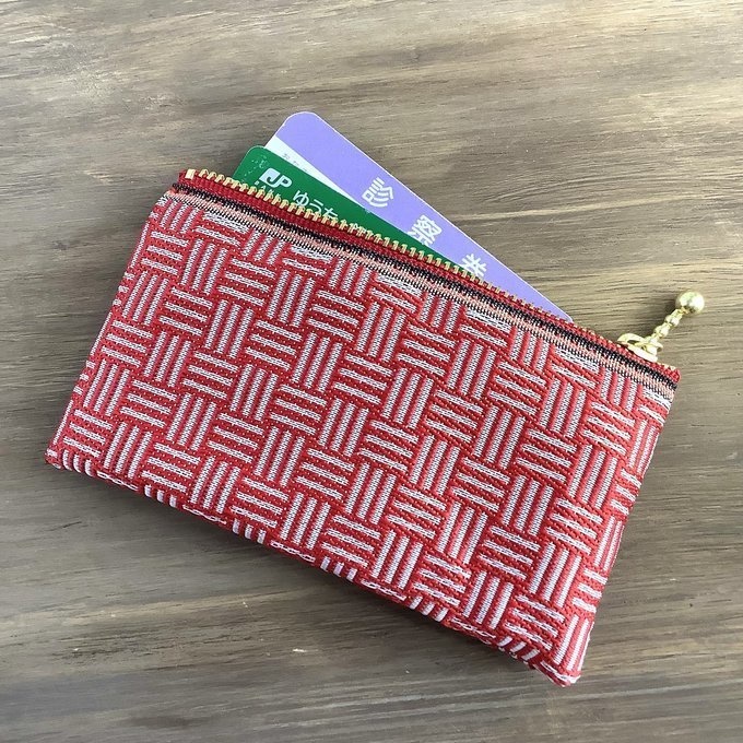 【三崩し】畳縁 ぺたんこ ミニポーチ カードケース 小銭入れ 紅白 赤 白 網代 桧垣