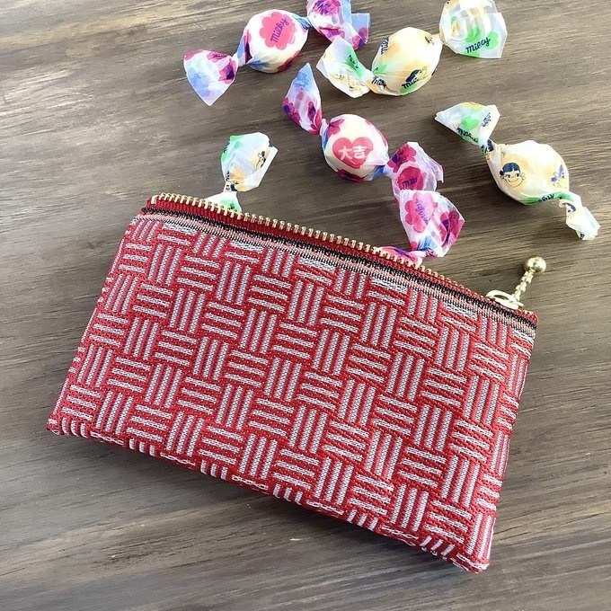 【三崩し】畳縁 ぺたんこ ミニポーチ カードケース 小銭入れ 紅白 赤 白 網代 桧垣