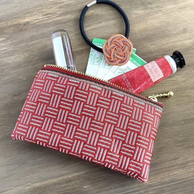 【三崩し】畳縁 ぺたんこ ミニポーチ カードケース 小銭入れ 紅白 赤 白 網代 桧垣