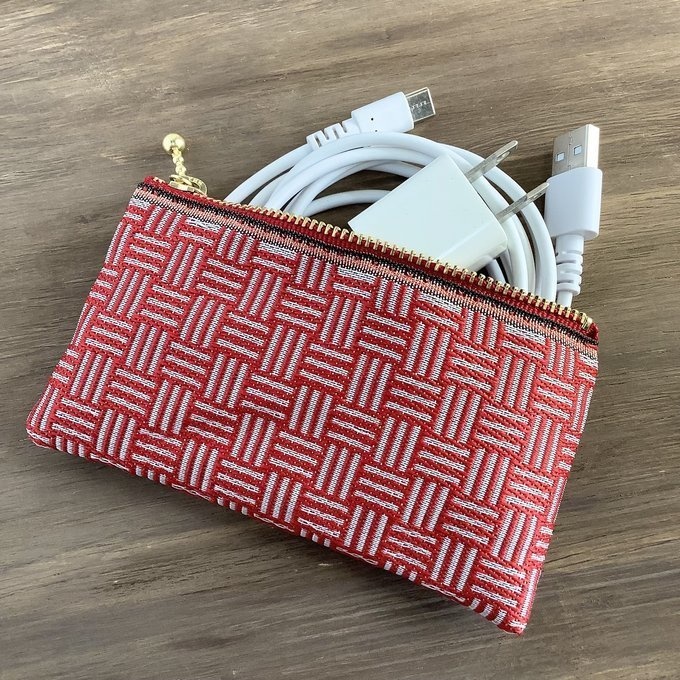 【三崩し】畳縁 ぺたんこ ミニポーチ カードケース 小銭入れ 紅白 赤 白 網代 桧垣