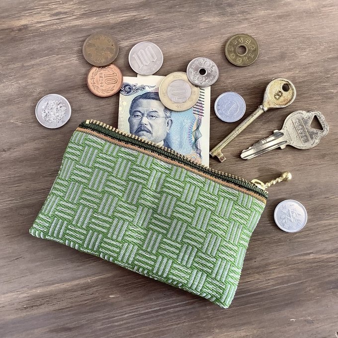 【三崩し】畳縁 ぺたんこ ミニポーチ カードケース 小銭入れ 抹茶オレ 萌黄 緑 白 網代 桧垣