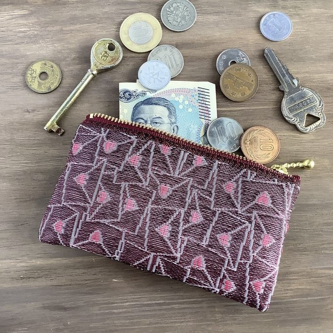 【ラブレター】畳縁 ぺたんこ ミニポーチ 小銭入れ カードケース ハート 臙脂色 ワインカラー
