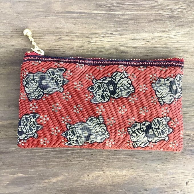 【招き猫】畳縁 ぺたんこ ミニポーチ 小銭入れ カードケース 縁起物 猫 幸運 赤