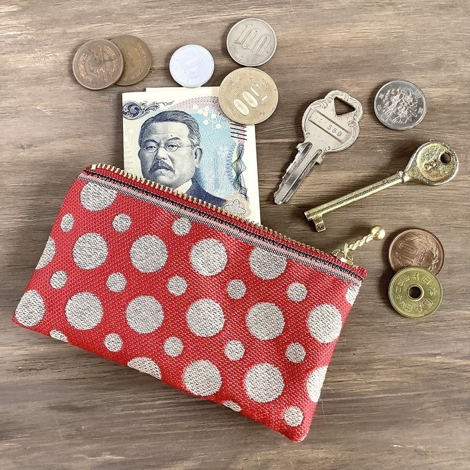 【水玉】畳縁 ぺたんこ ミニポーチ 小銭入れ カードケース ドット 赤 ベージュ