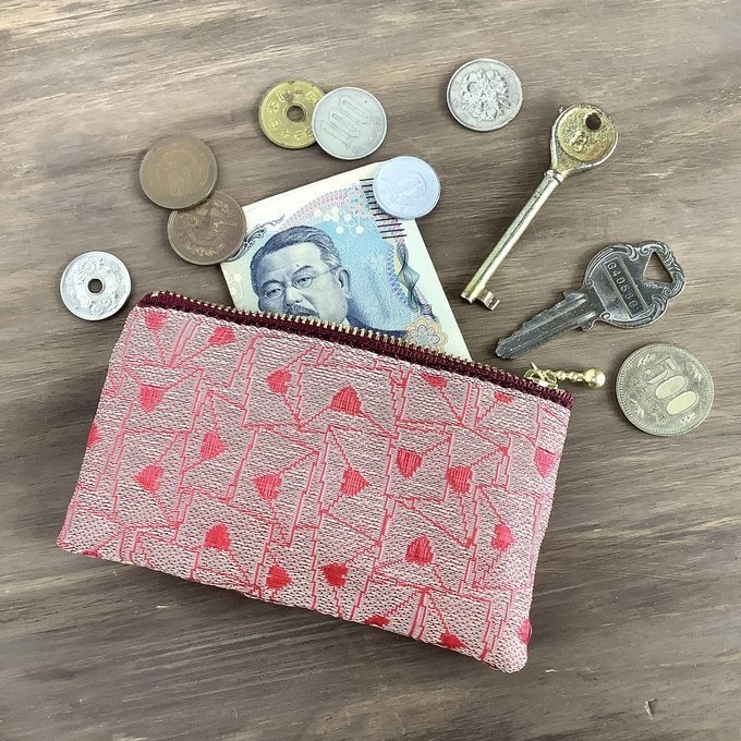 【ラブレター】畳縁 ぺたんこ ミニポーチ 小銭入れ カードケース ハート アプリコット