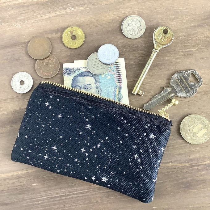 【星降る夜 銀星】畳縁 ぺたんこ ミニポーチ 小銭入れ カードケース 星 スター 宇宙 空 黒 銀