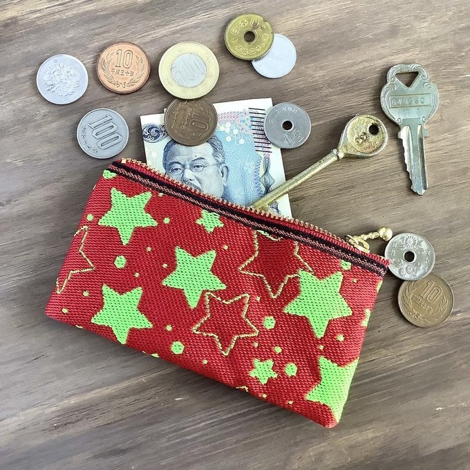 【きらきら星】畳縁 ぺたんこ 小銭入れ ミニポーチ カードケース 赤 ネオンカラー 星 スター