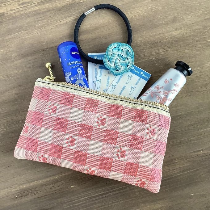 【肉球&ギンガム】畳縁 テトラ型 ペンケース 和風 ピーチピンク ベージュ 足あと 犬 猫